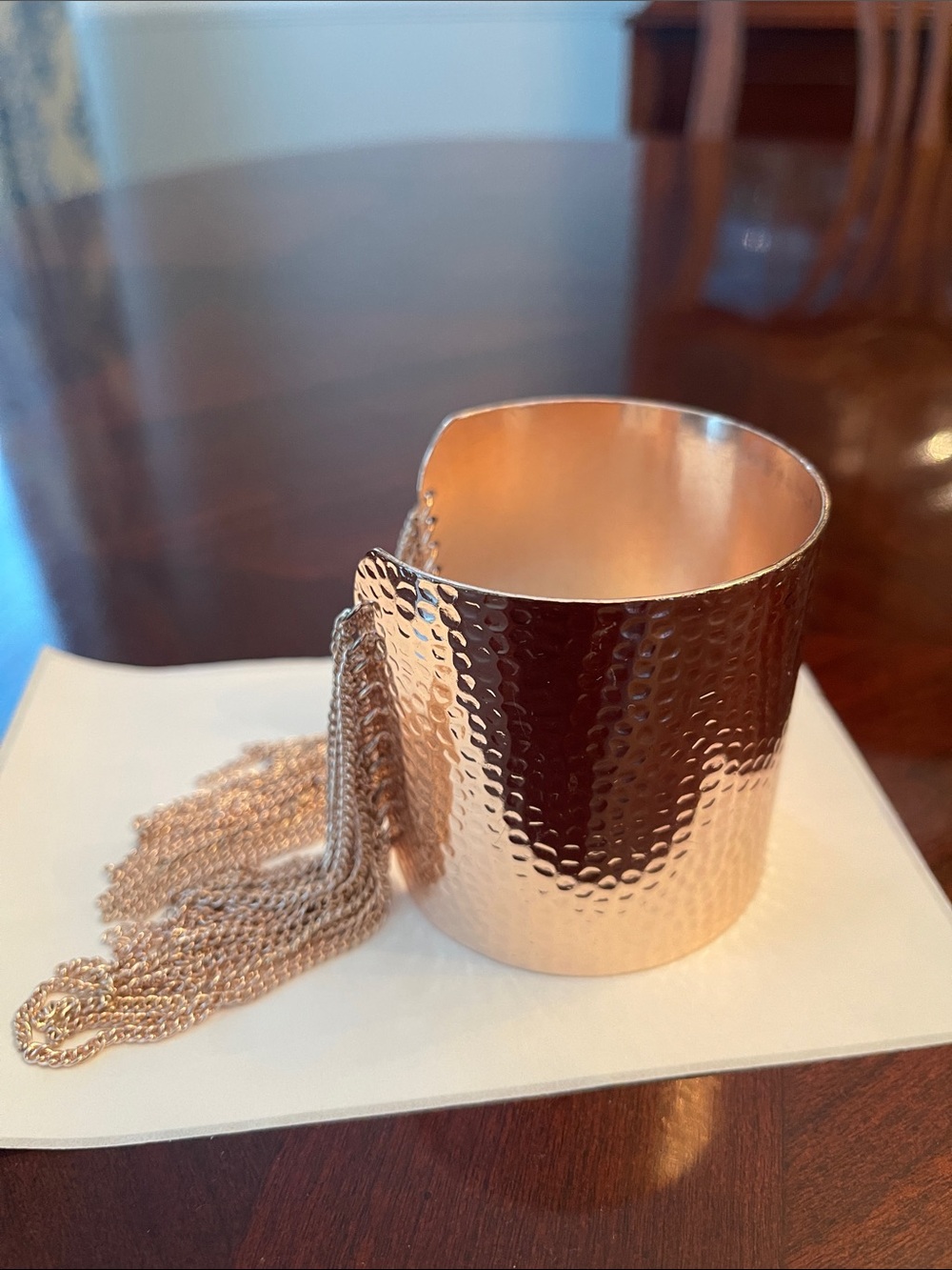 Hammered Rose Gold Cuff Bracelet with Tassel Chains